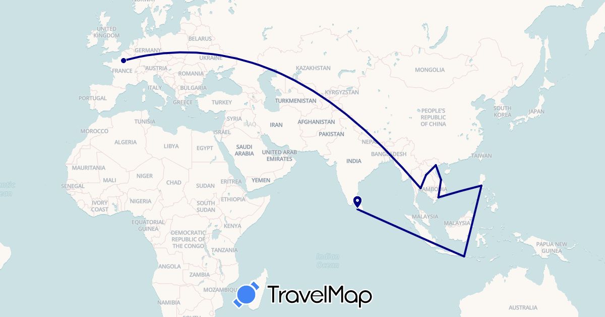 TravelMap itinerary: driving in France, Indonesia, Laos, Sri Lanka, Philippines, Thailand, Vietnam (Asia, Europe)