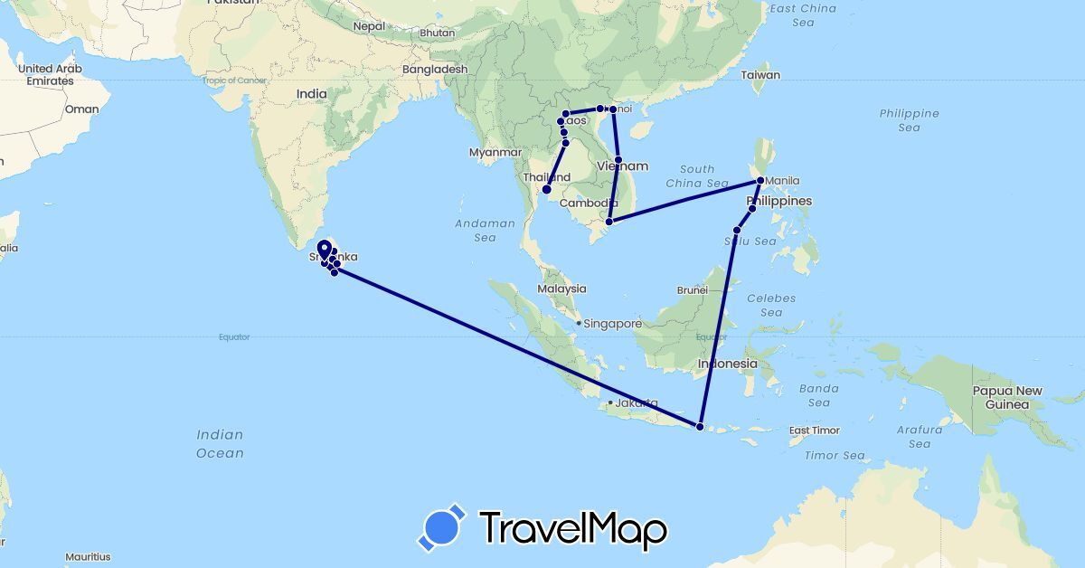 TravelMap itinerary: driving in Indonesia, Laos, Sri Lanka, Philippines, Thailand, Vietnam (Asia)